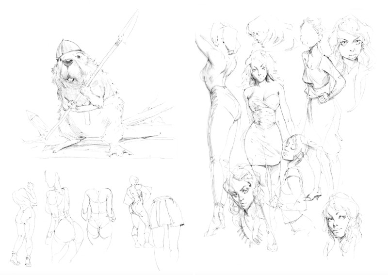 Croquis de femmes et d'un petit castor combattant issus de du sketchbook Decade d'Even Mehl Amundsen.