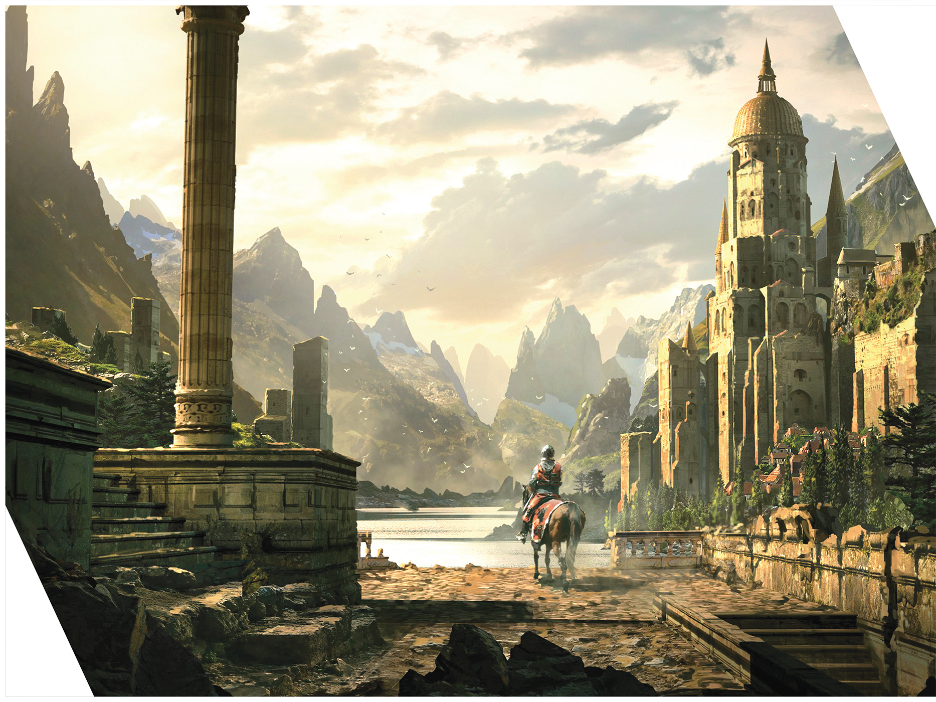 Worlds de Raphael Lacoste. Peinture numérique de ruines antiques majestueuses dans une vallée.
