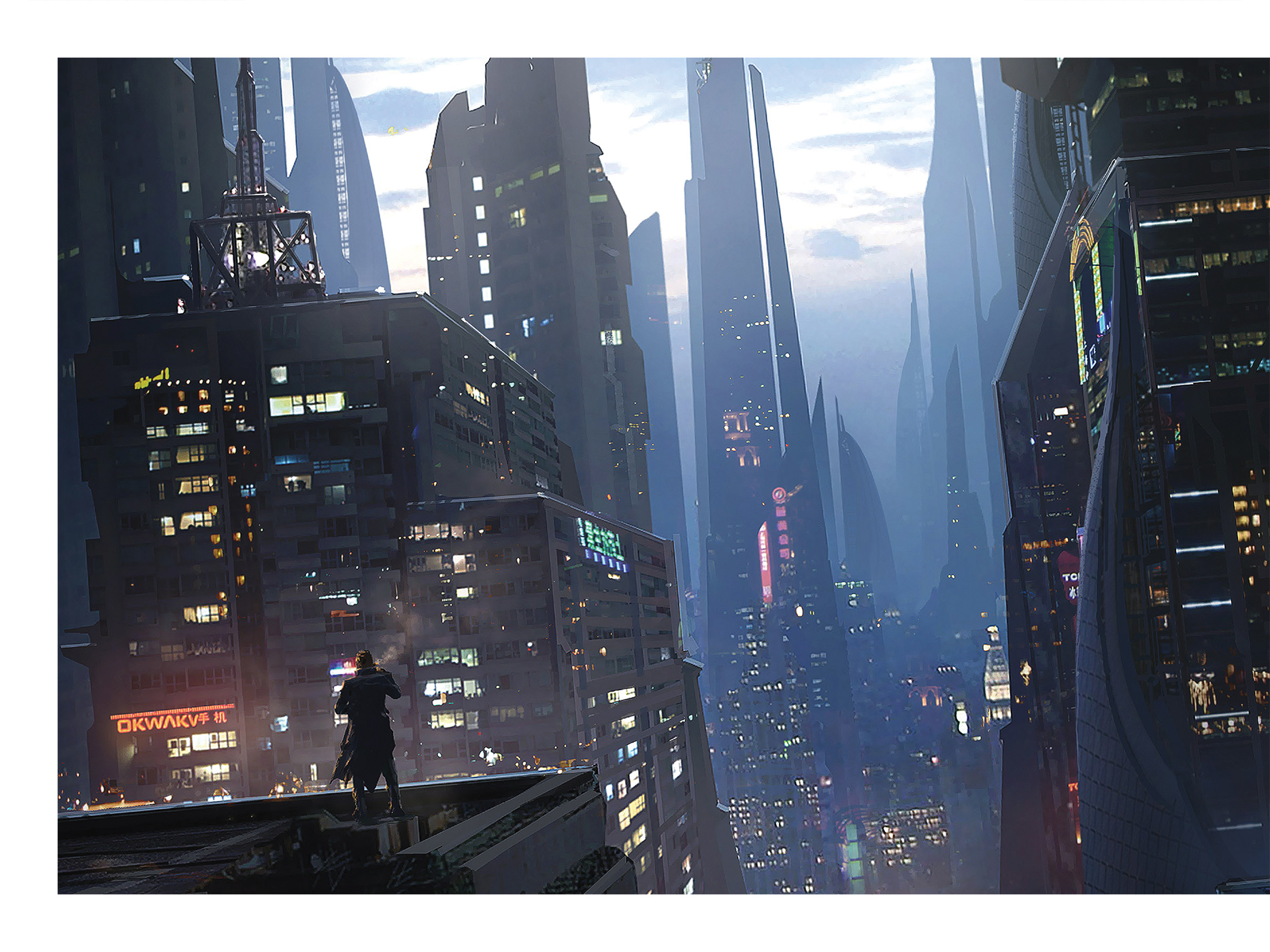 Worlds de Raphael Lacoste. Peinture numérique d'une ville, entre Blade Runner et Ghost in the Shell.
