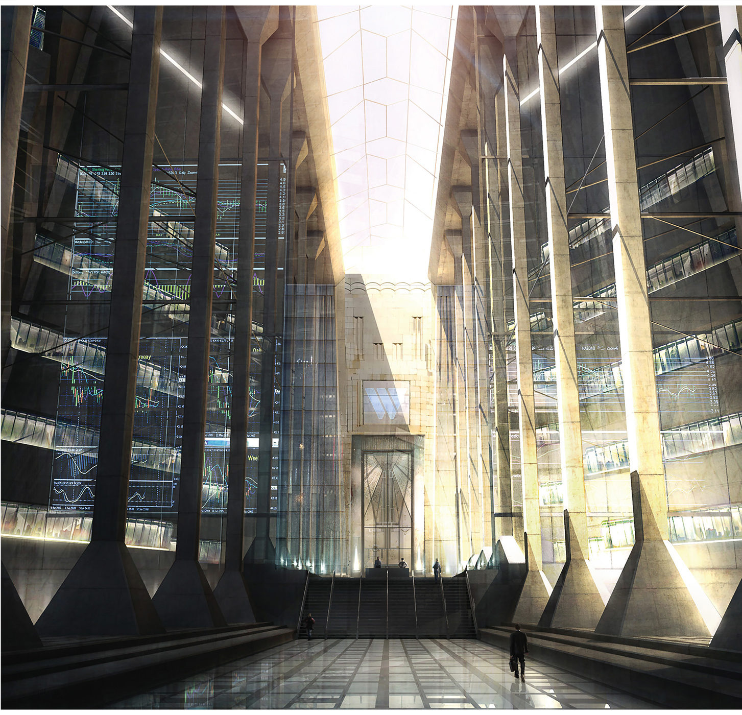 Peinture numérique de l'intérieur d'un building futuriste.