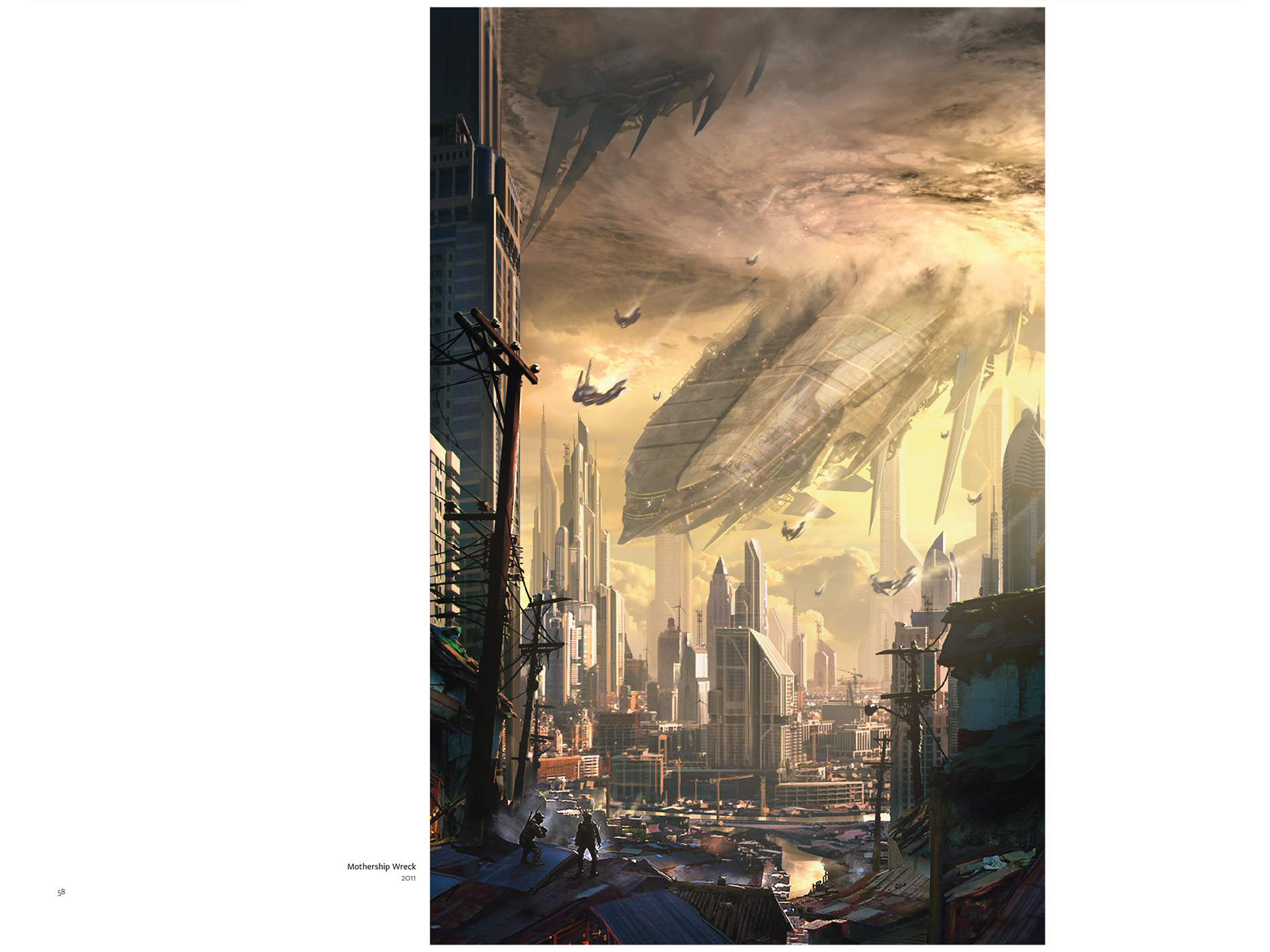 Worlds de Raphael Lacoste. Chute du vaisseau mère sur la ville.