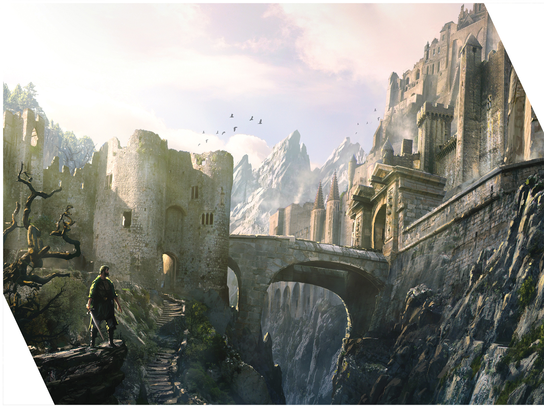 Worlds de Raphael Lacoste. Peinture numérique d'un château dans les montagnes.