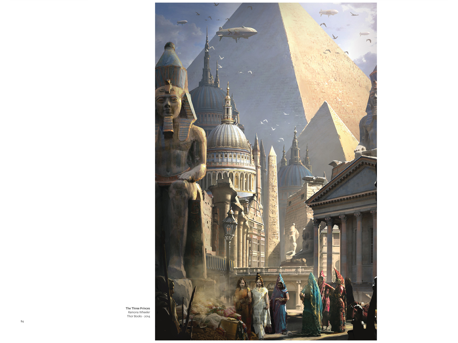 Peinture numérique d'une cité égyptienne. Les pyramides entourées d'une ville moderne.