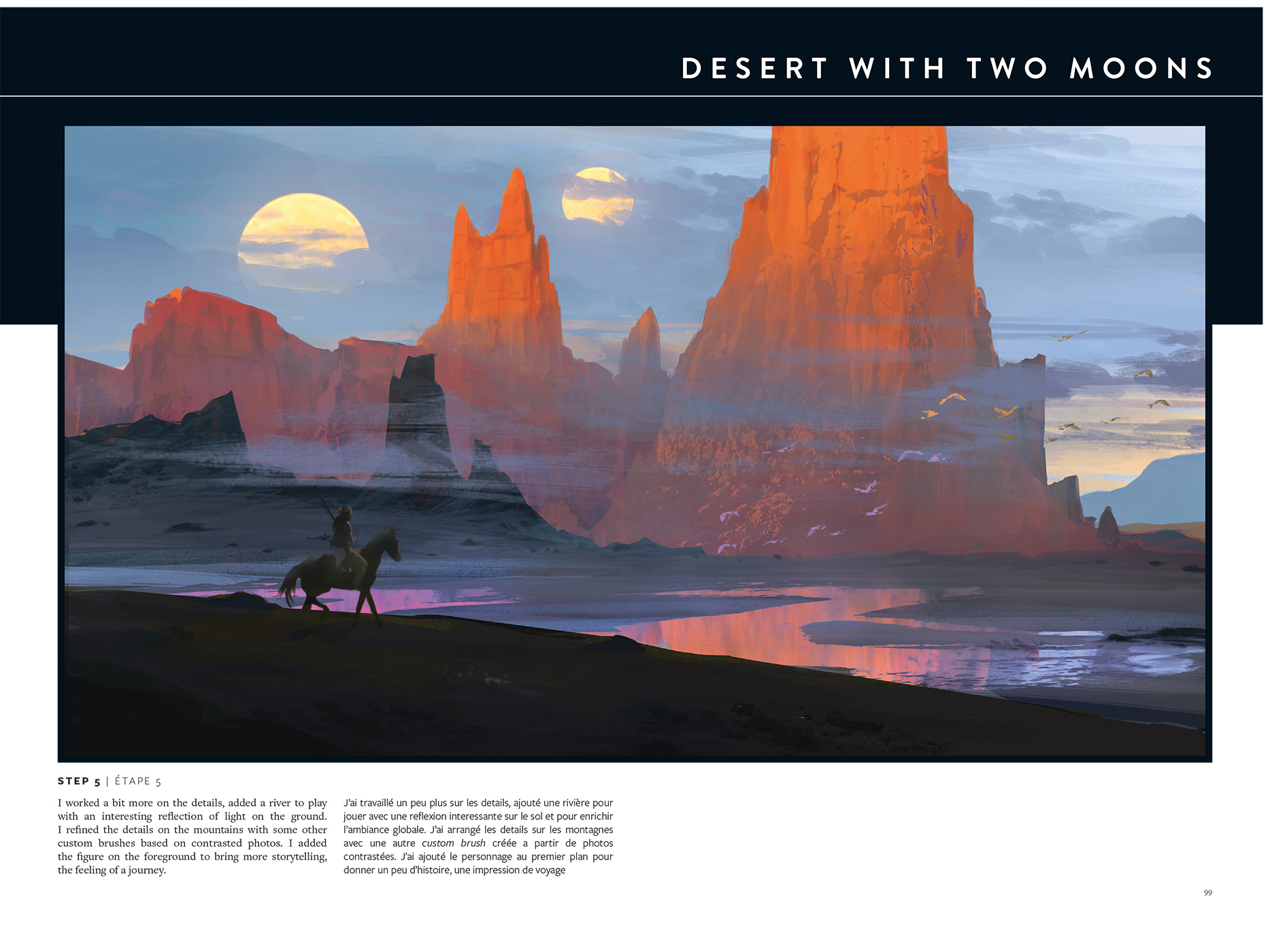 Worlds de Raphael Lacoste. Peinture numérique d'un paysage : désert américain avec deux lunes.