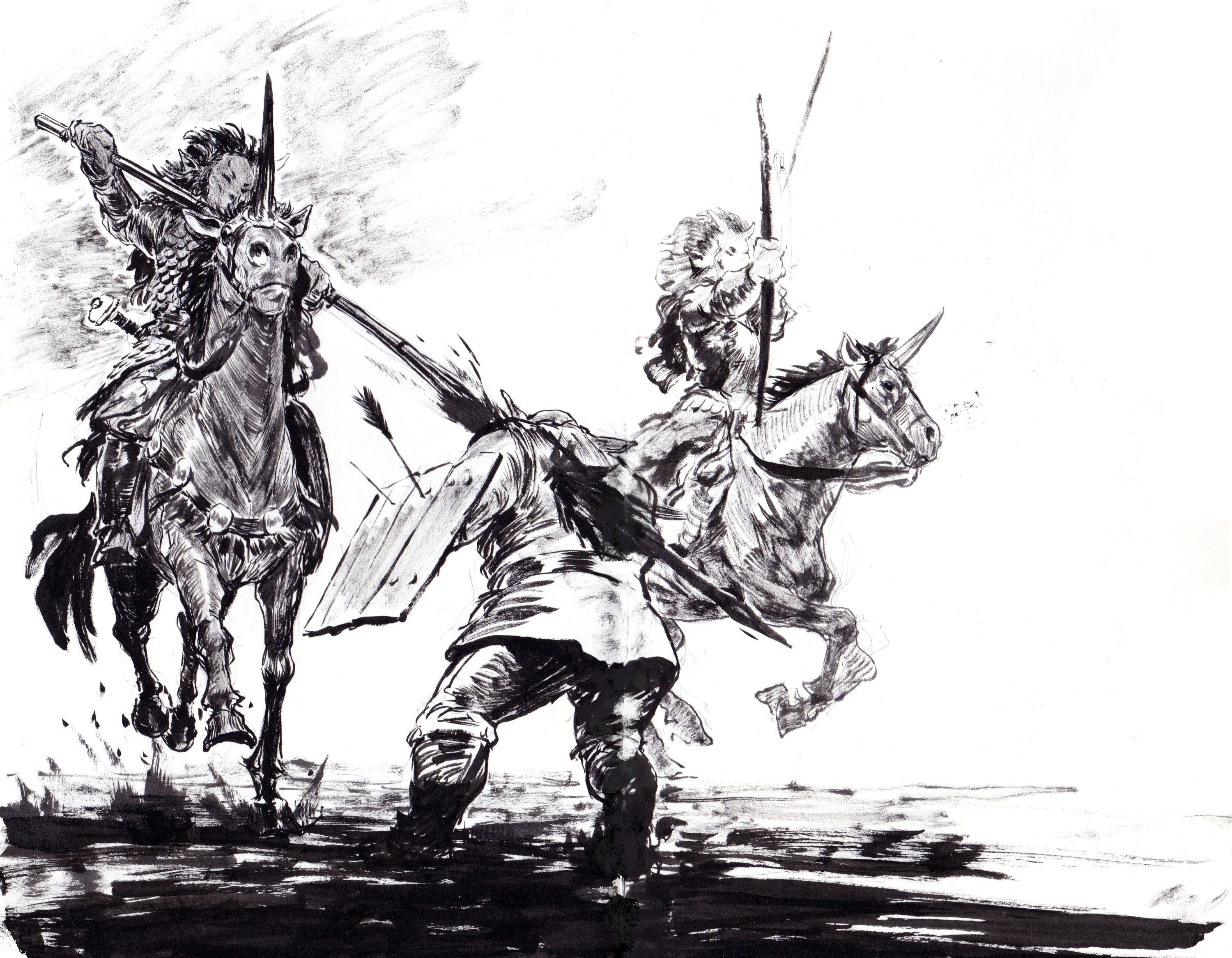 Croquis de guerrières à cheval, issus de du sketchbook Decade d'Even Mehl Amundsen. Les cavalières sont armées d'arcs.