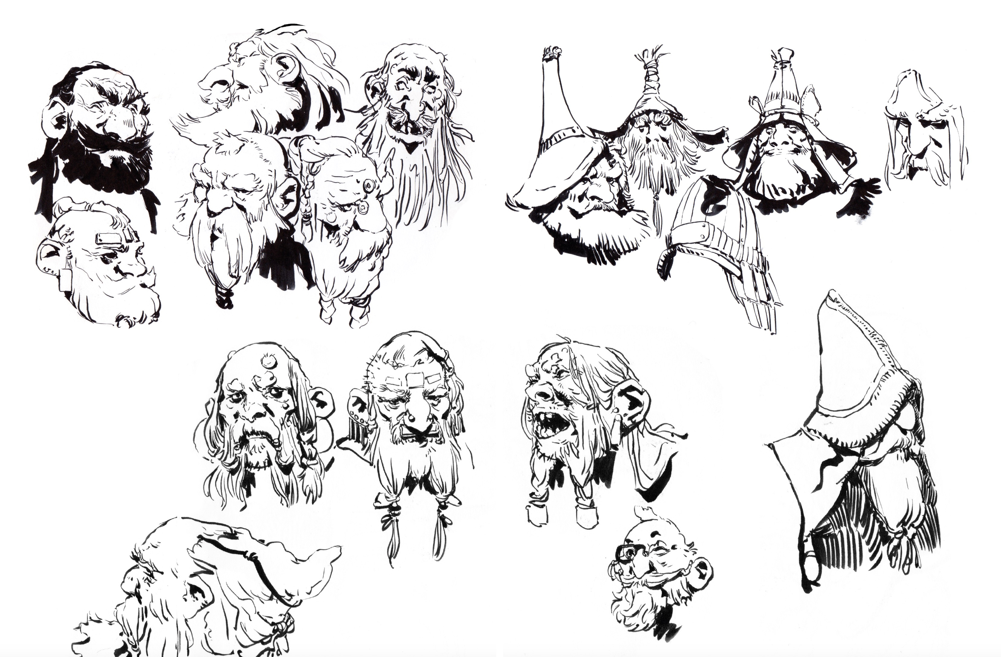 Croquis de nains, druides et autres personnages de fantasy médiévale.