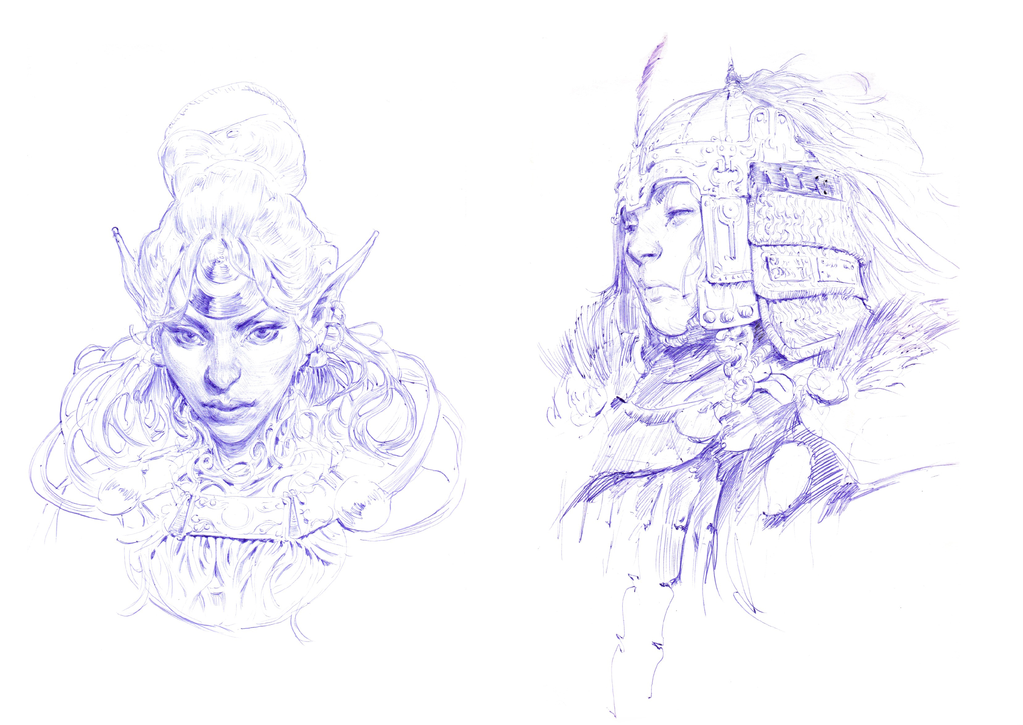 Croquis de personnages fantasy femmes, issus du sketchbook Decade d'Even Mehl Amundsen.
