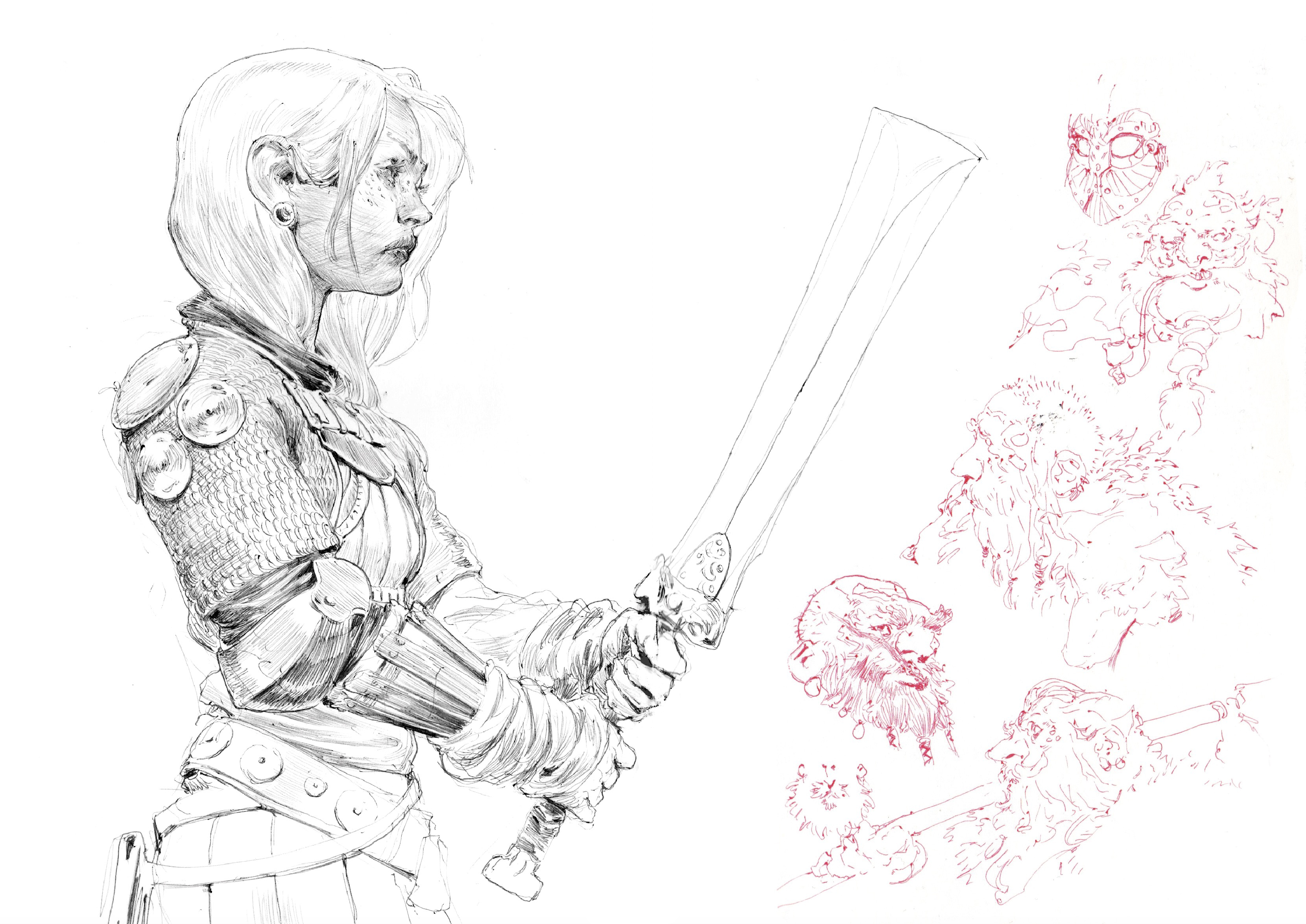 Croquis d'une femme tenant une épée, du sketchbook Decade.