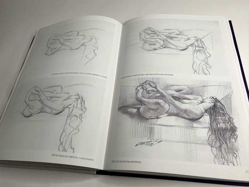 2832 Muse : exploration of the female form par James Martin. Les étapes d'un croquis, dessin d'une femme sur son canapé.