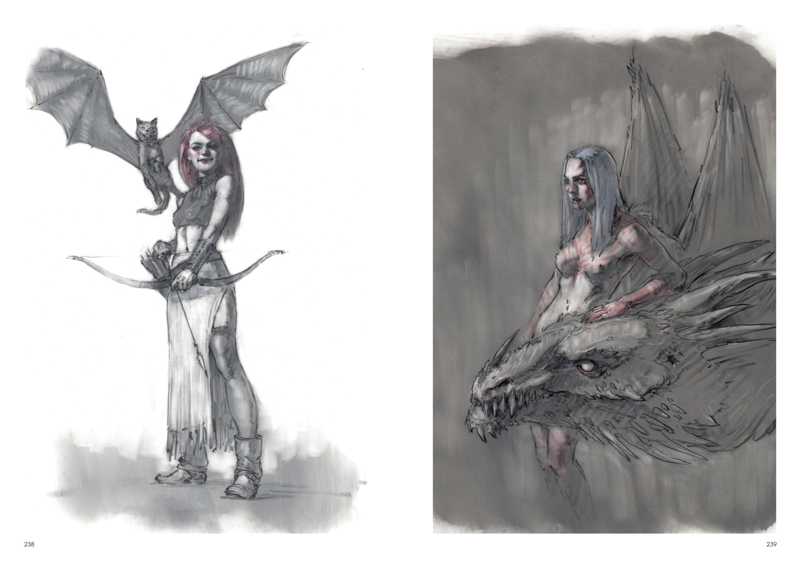 Image de l'artbook Daya de Daniel Landerman. Dragon girl et chat ailé.