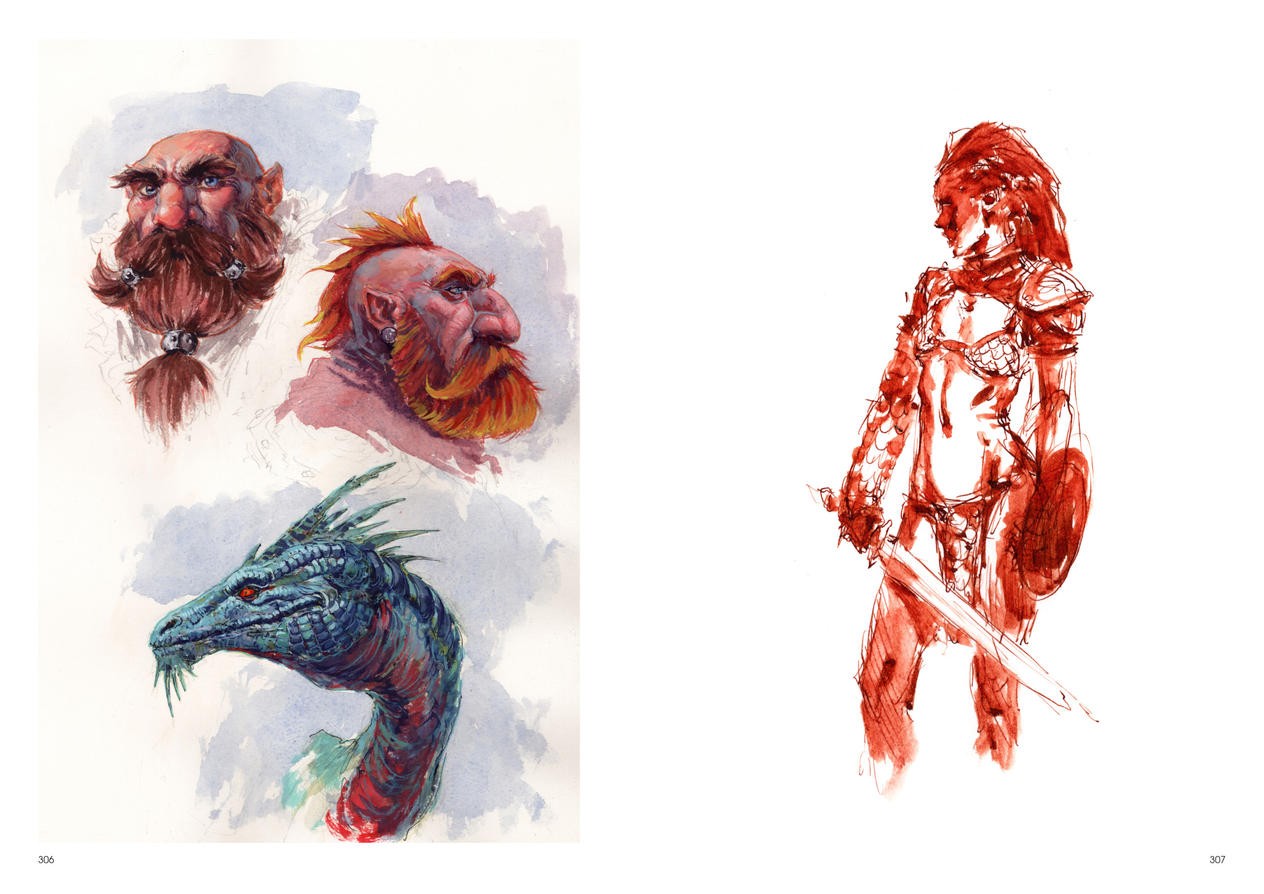 Image de l'artbook Daya de Daniel Landerman. Nains, dragon et guerrière.