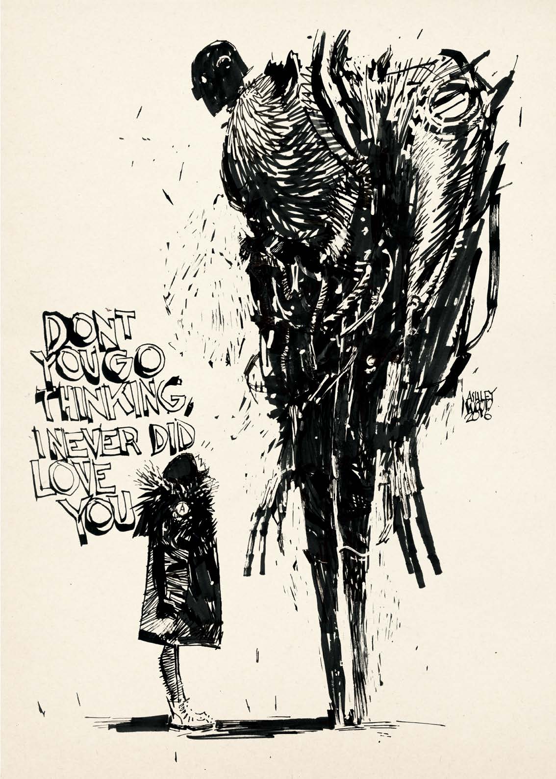 2021 01 18_awdxlblackonlineweb_Page_049 Image de l'artbook Ashley Wood - AWD XL BLACK. Une jeuneImage de l'artbook AWD XL BLACK. Une jeune femme et une créature ailée.
