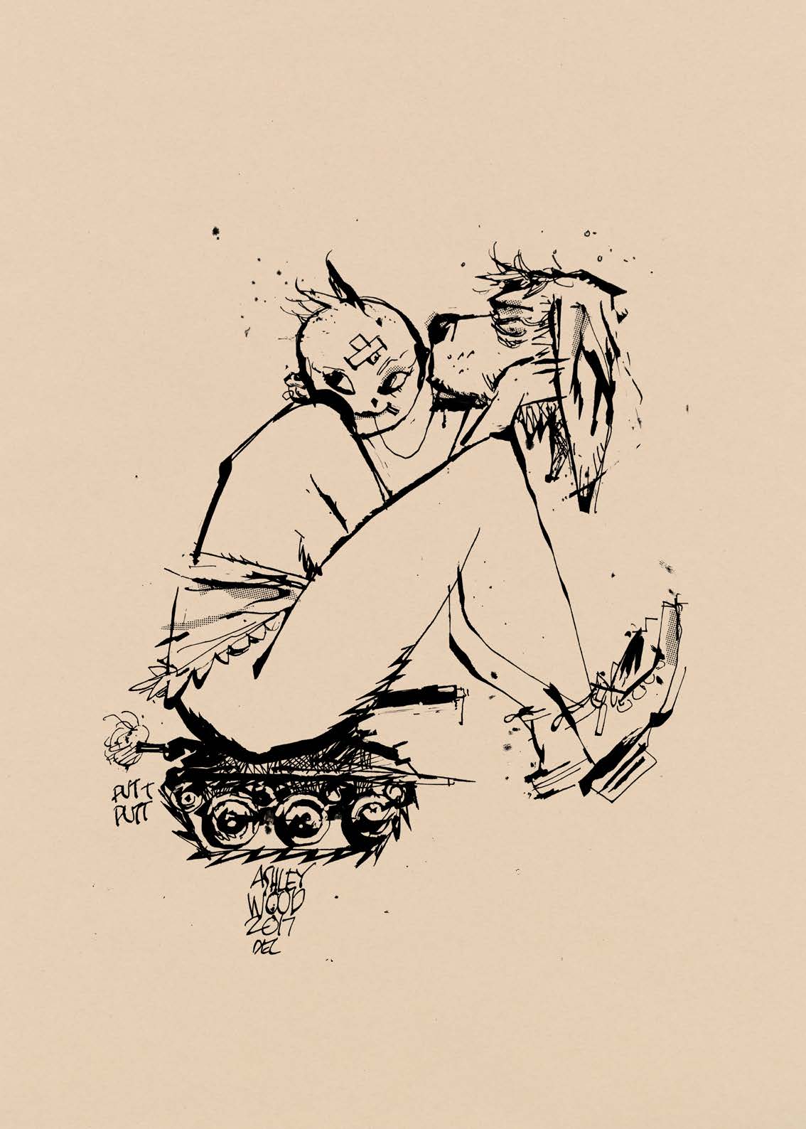 Image de l'artbook Ashley Wood - AWD XL BLACK. Une femme enfile son casque à propulsion.