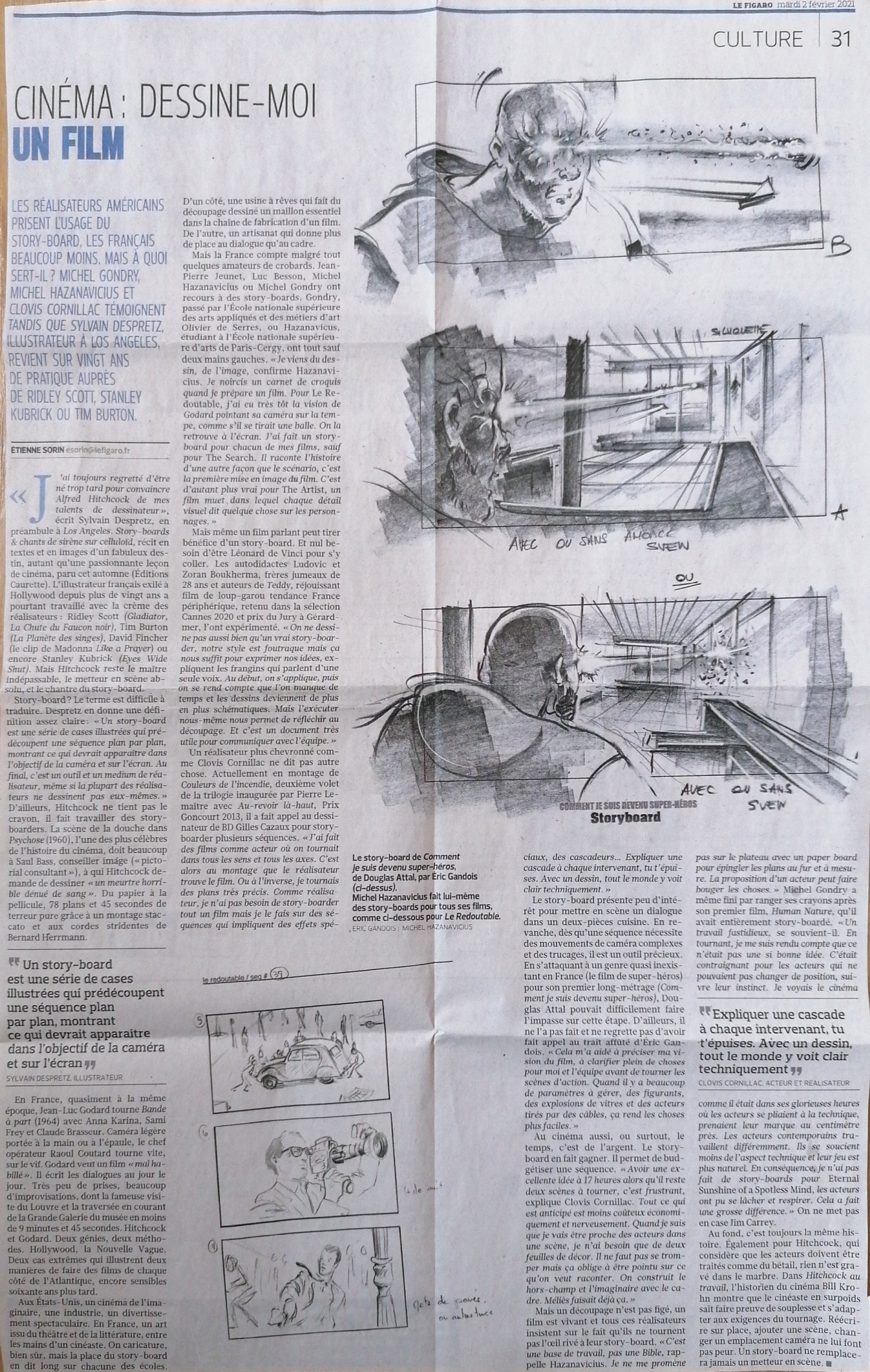 Article de journal "Cinéma : Dessine-moi un film" du Figaro sur Sylvain Despretz.