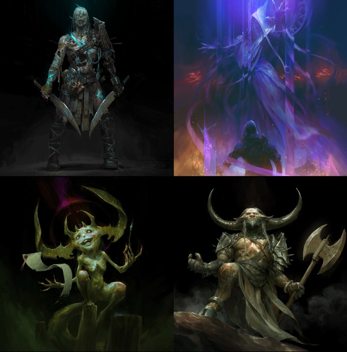 Quatres créatures puissantes et enchanteresses, conçus par le concept artist Björn Hurri pour Abominations.