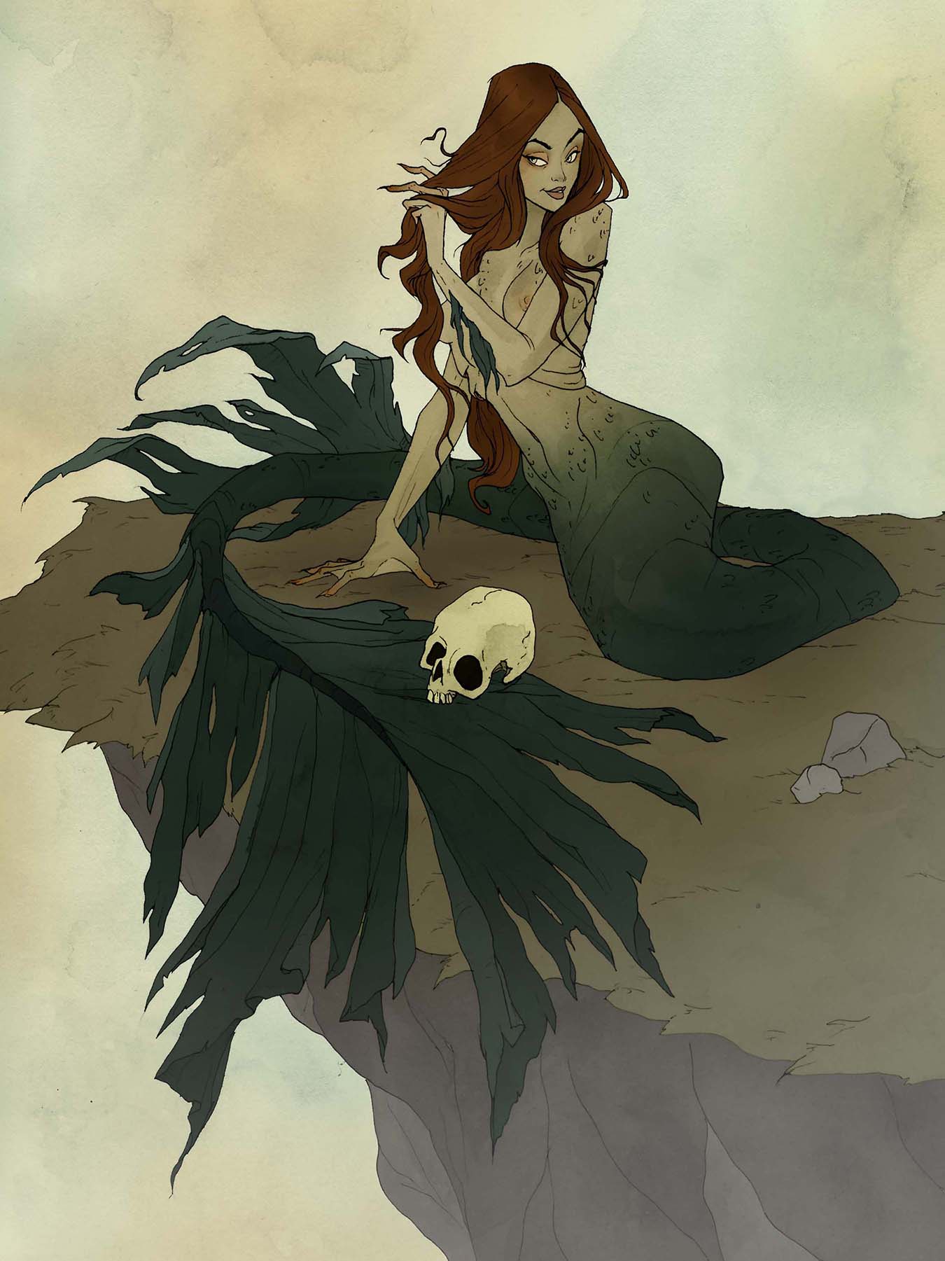 Image de l'artbook Crimson d'Abigail Larson : une belle sirène surplombe les rochers.