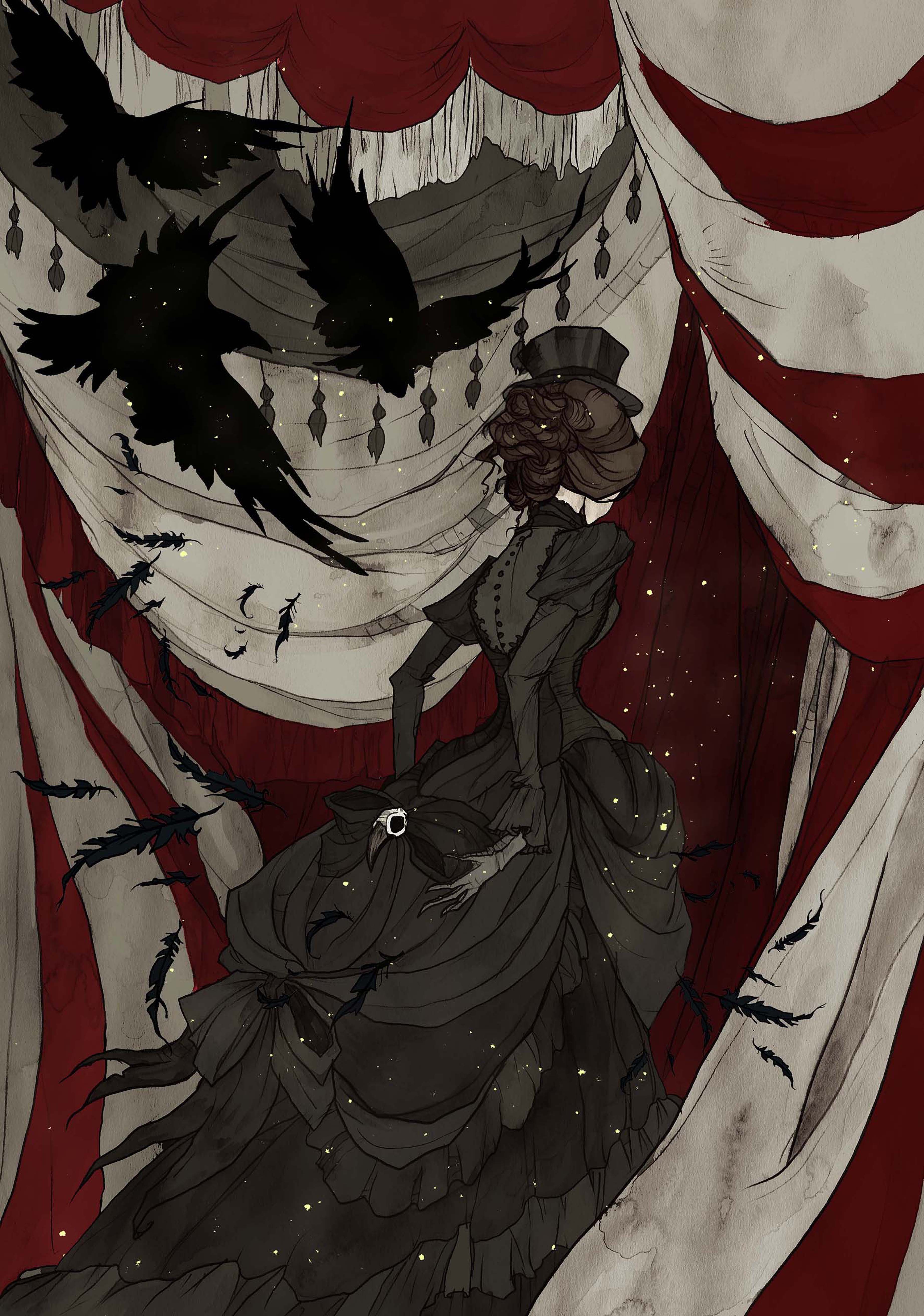 une femme en robe victorienne noire disparaît dans les rideaux, suivie de corbeaux.