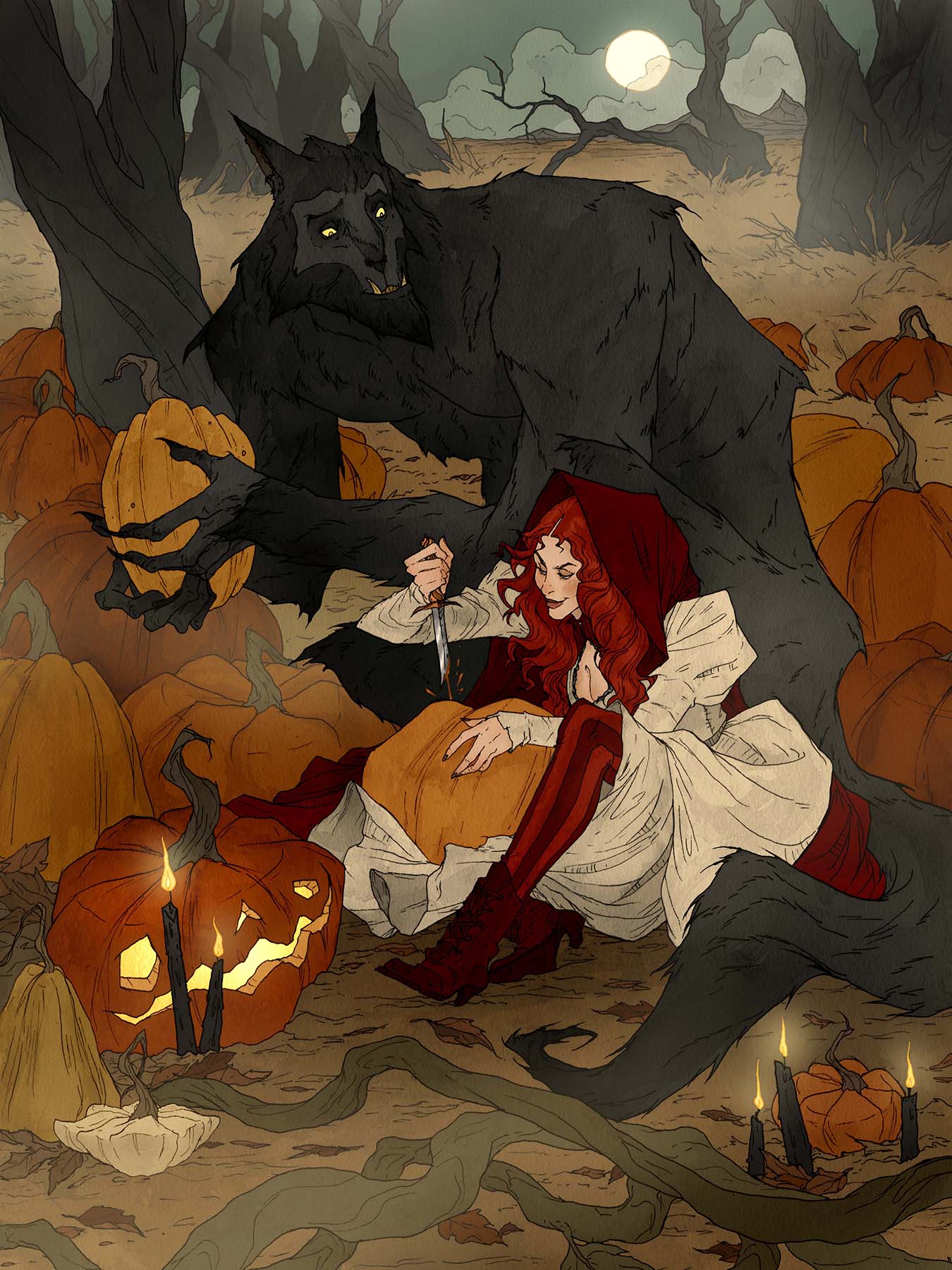 Image de l'artbook Crimson d'Abigail Larson : creuser des citrouilles avec un loup-garou.