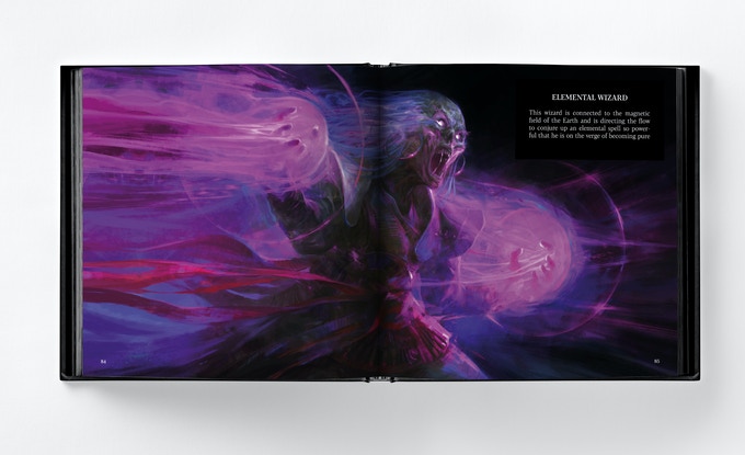 L'elemental wizard dans Abominations de Bjorn Hurri, un artbook de fantasy noire et d'horreur.
