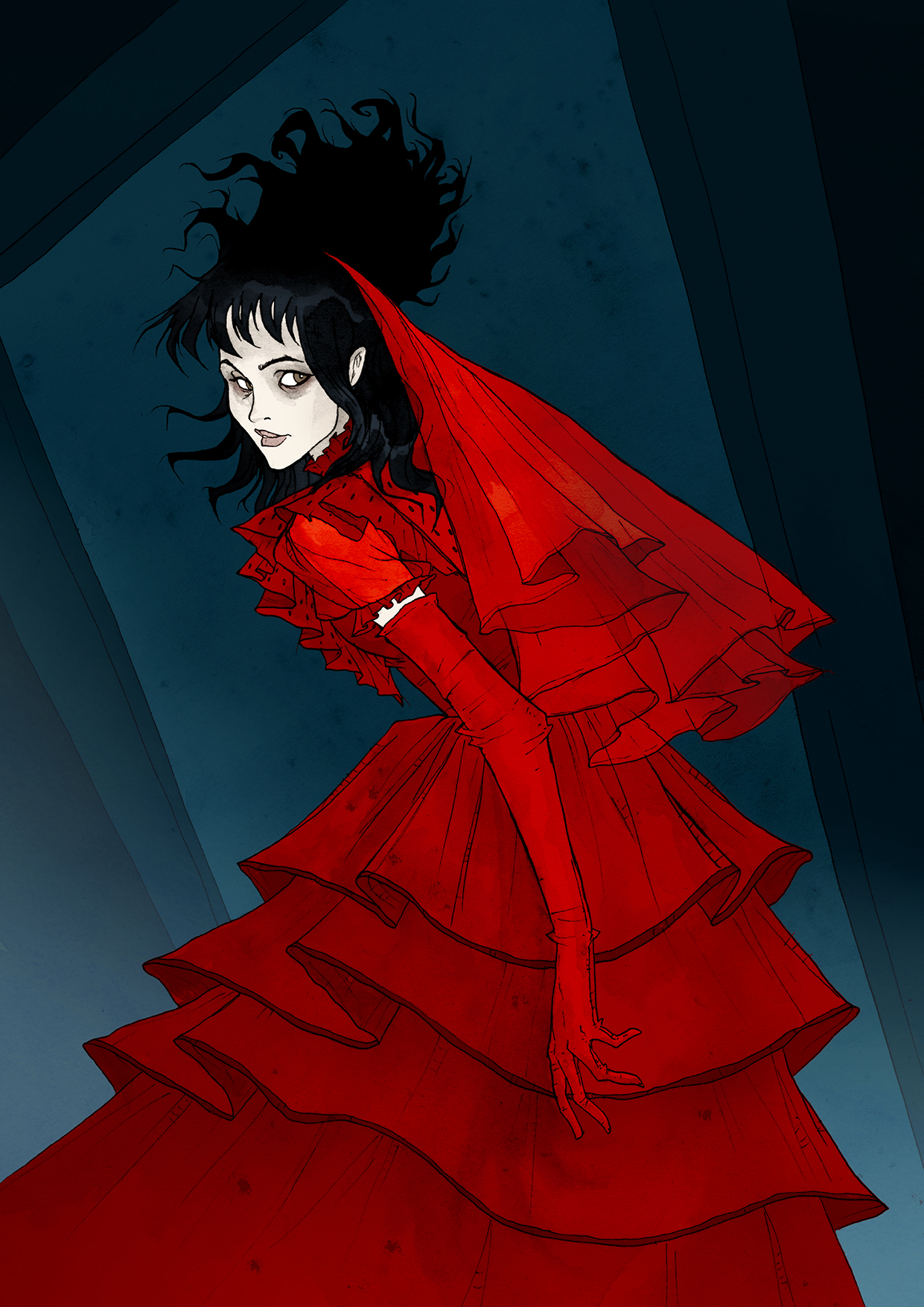 Image de l'artbook Crimson d'Abigail Larson : Lydia, jeune femme en robe de mariée rouge.