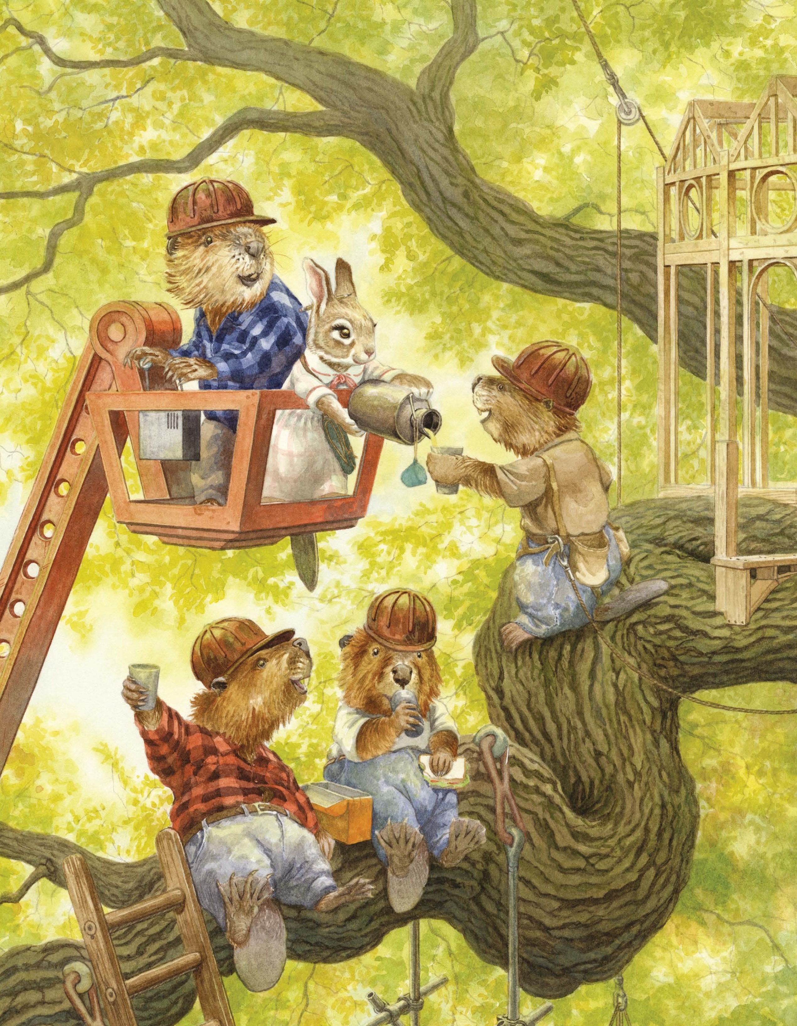 Le personnage Léa Lapin amène de l'eau fraîche aux ouvriers de la cabane.