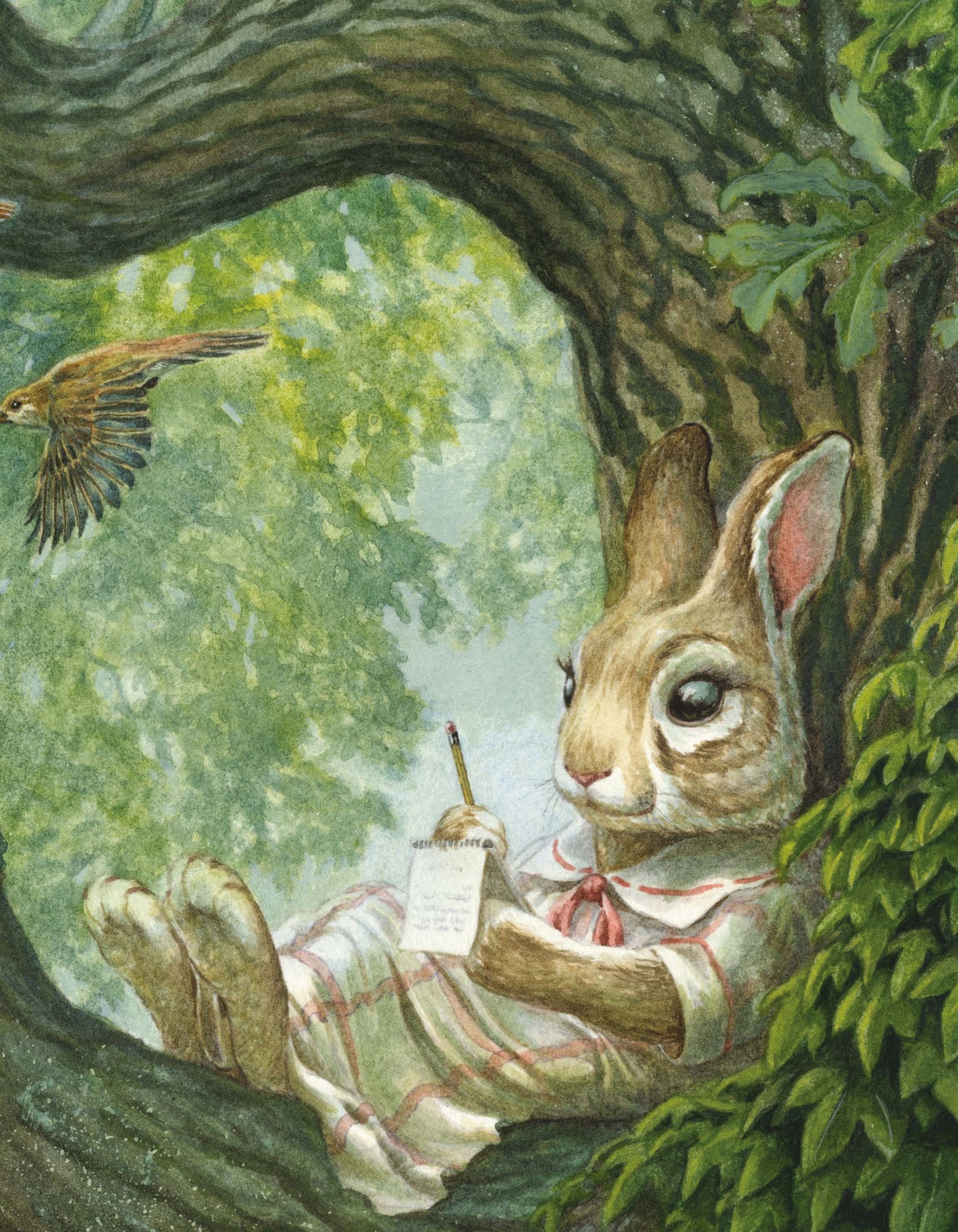 Léa Lapin écrit ses idées dans son carnet, assise dans un arbre.