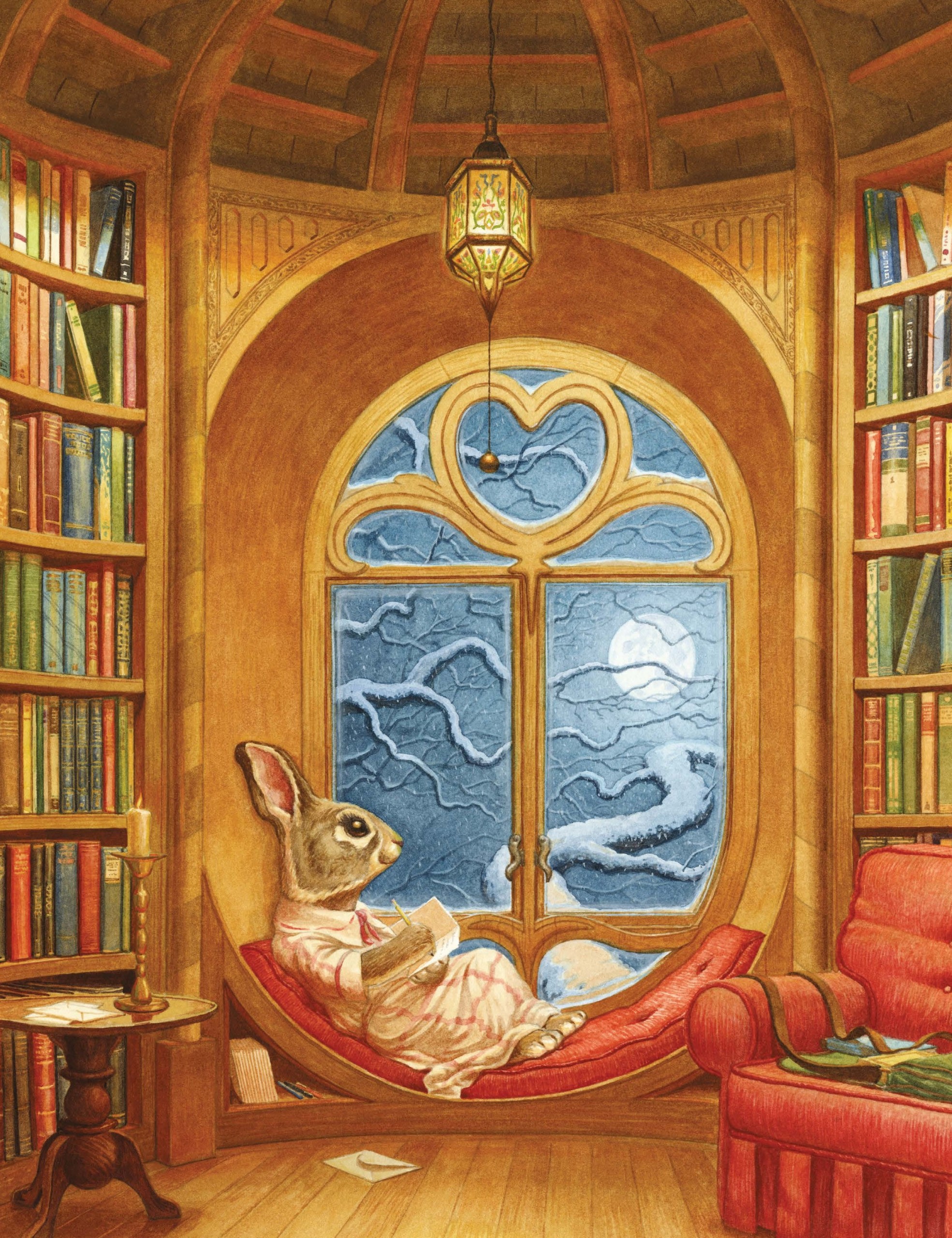 Le personnage Léa Lapin écrit ses idées dans un carnet, dans la bibliothèque.