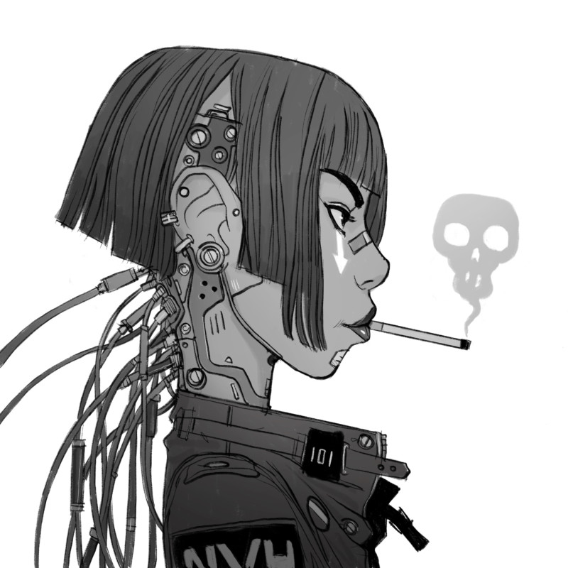 Gürlz : une femme robot, branchée, qui fume une cigarette.