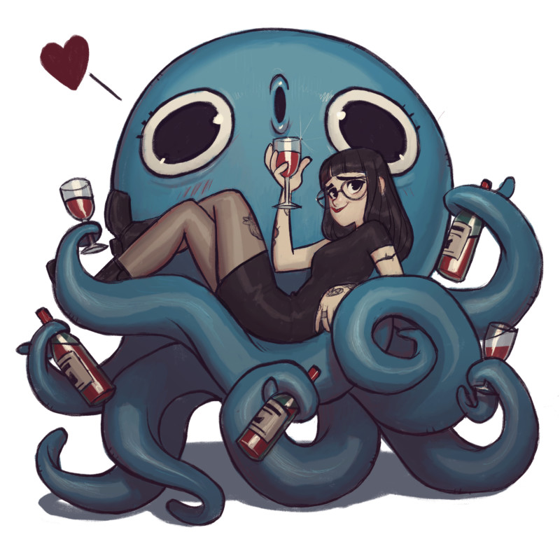 Gürlz : une femme dans les (nombreux) bras d'une pieuvre, et du vin.