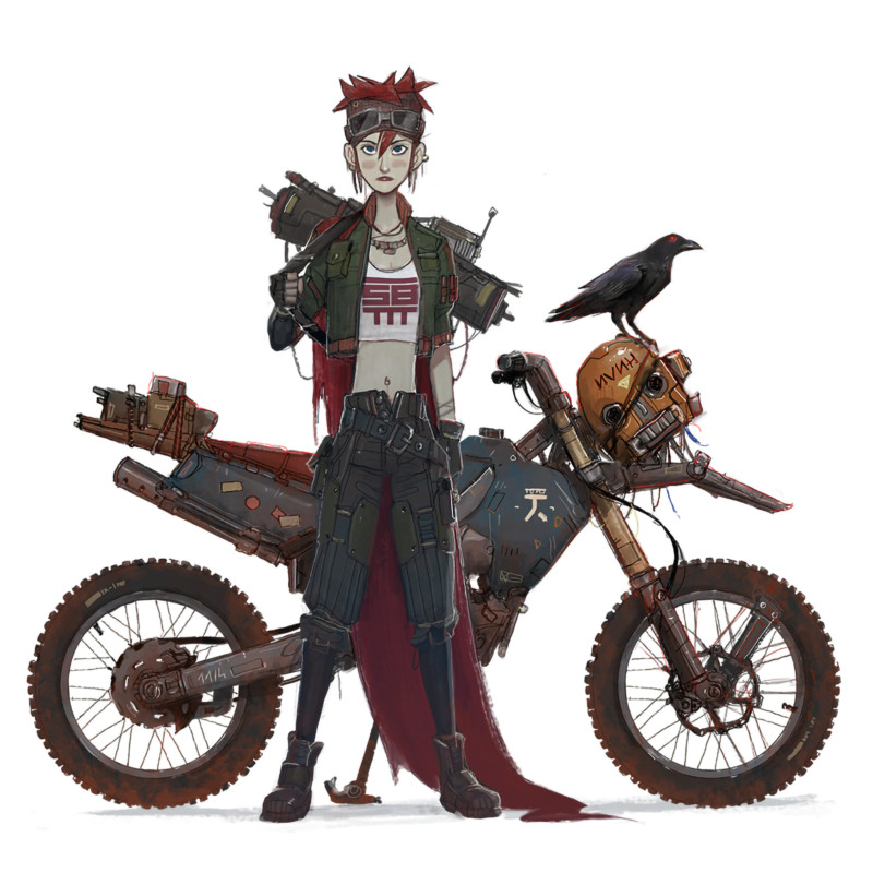 Gürlz : une bikeuse cyberpunk, sa moto, des armes.